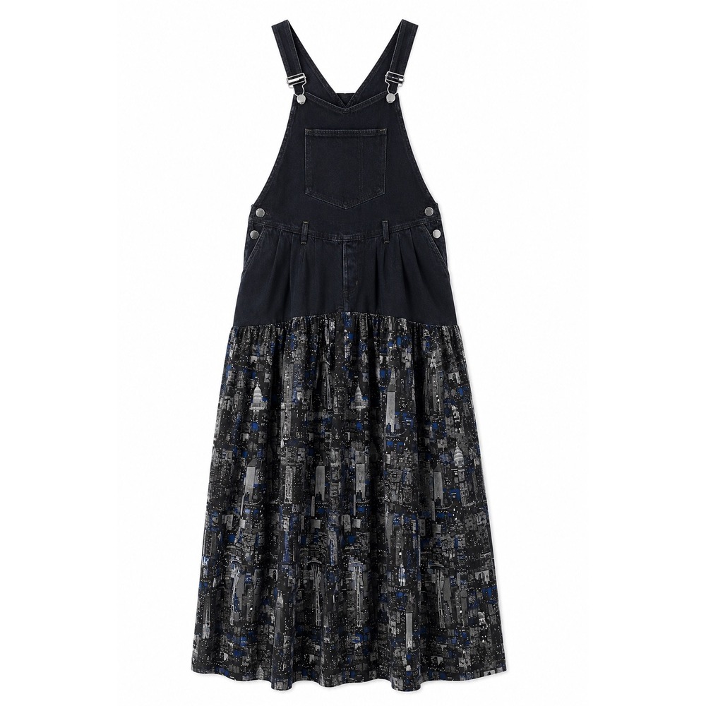 Vintage Handmade Cityscape Jumper Dress Maxi Pinafore Blue Black